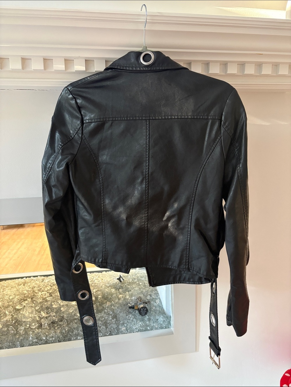 Women’s Black Leather Biker Jacket with Grommet Belt